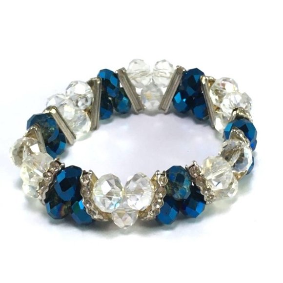 Unbranded Jewelry - Double Strand Clear and Peacock AB Crystal Stretch Bracelet Silver Tone Spacers